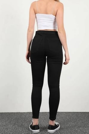 Yırtık Siyah Yüksek Bel Skinny Fit Jean Likralı Cepsiz Tayt Pantolon
