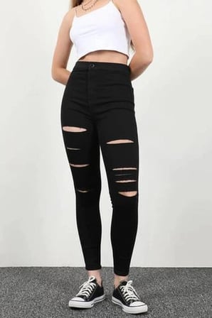 Yırtık Siyah Yüksek Bel Skinny Fit Jean Likralı Cepsiz Tayt Pantolon