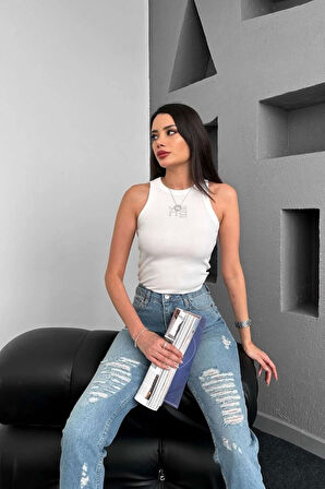 Premium Likrasız Denim Yırtık Mavi Mom Jeans