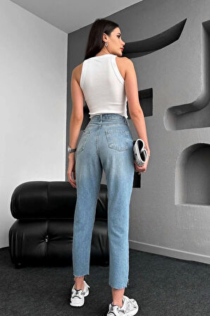 Premium Likrasız Denim Yırtık Mavi Mom Jeans