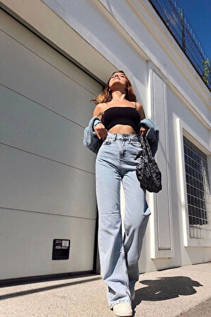 Kadın Açık Mavi Yüksek Bel Geniş Paça Kar Yıkama Bol Salaş Denim Palazzo Jeans