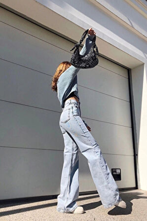 Kadın Açık Mavi Yüksek Bel Geniş Paça Kar Yıkama Bol Salaş Denim Palazzo Jeans