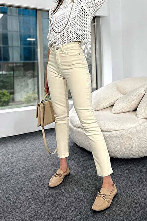 Bej Mom Fit Jeans Boyfriend Yüksek Bel Pantolon