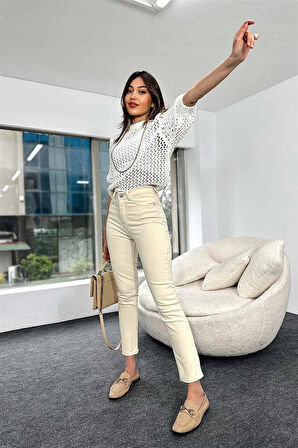 Bej Mom Fit Jeans Boyfriend Yüksek Bel Pantolon