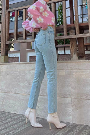 Buz Mavisi Mom Fit Jeans Boyfriend Yüksek Bel Pantolon