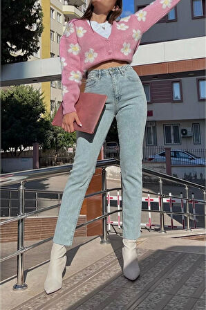 Buz Mavisi Mom Fit Jeans Boyfriend Yüksek Bel Pantolon