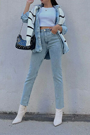 Buz Mavisi Mom Fit Jeans Boyfriend Yüksek Bel Pantolon