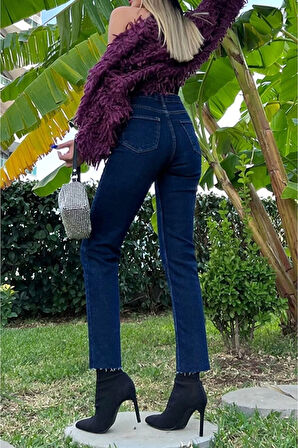 Lacivert Mom Fit Jeans Boyfriend Yüksek Bel Pantolon