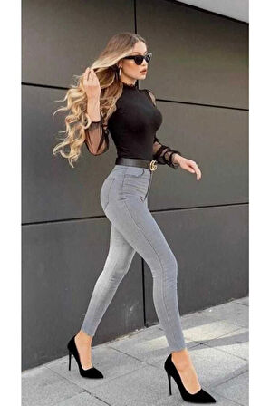 Gri Renk Yüksek Bel Likralı Skinny Jeans Toparlayıcı Pantolon