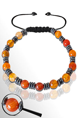 Sertifikalı Hematitli 6 Mm Doğal Turuncu Akik Taşı Bileklik - Ayarlamalı