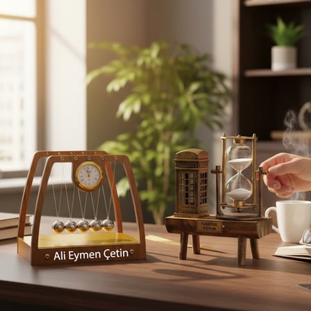 Kişiye Özel Kişiye Özel Dekoratif Masaüstü Nostaljik Saat, Newton Beşiği Dünya Biblo ve Kum Saati Se