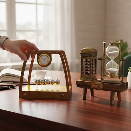 Kişiye Özel Kişiye Özel Dekoratif Masaüstü Nostaljik Saat, Newton Beşiği Dünya Biblo ve Kum Saati Se