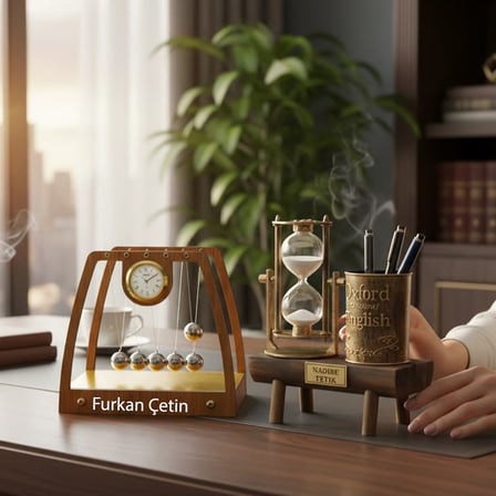 Kişiye Özel Ahşap Masaüstü Newton Beşiği Denge ve Kalemlikli Kum
