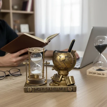 Kişiye Özel Dekoratif Vintage Kum Saati ve Dünya Küresi Kalemlik
