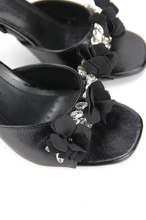 Homestead Isella Fleur Siyah Rugan 8 cm Kadın Topuklu Terlik