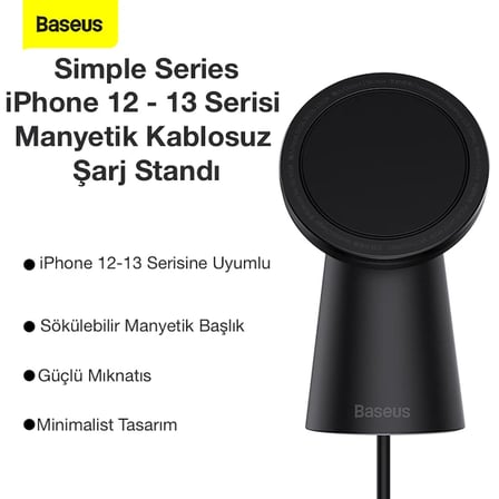 Baseus Simple iPhone 15-14 -13-12 Serisi Manyetik Kablosuz Şarj Standı-(5775) — Renk: Siyah