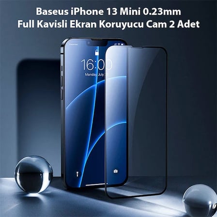 Baseus iPhone 13 Mini 0.23mm Full Kavisli Ekran Koruyucu Cam 2 Adet-(5775) — Renk: Siyah