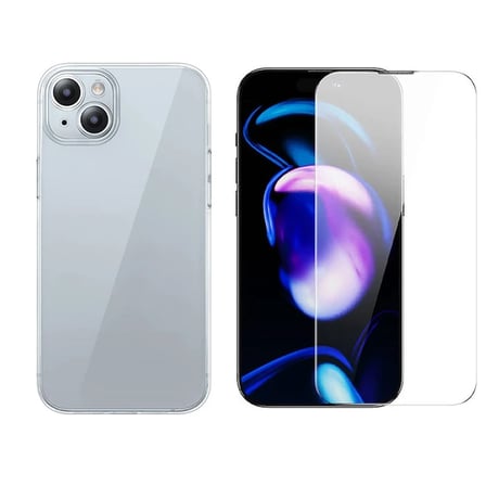 Baseus iPhone 15 Schott Serisi Şeffaf Silikon Kılıf + Tempered Ekran Koruyucu Set-(5775) — Renk: Şef