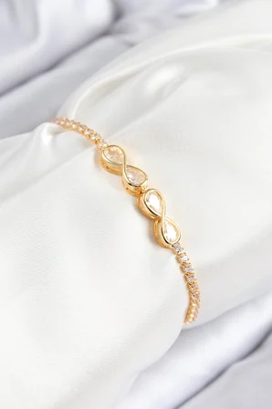 Pirinç Zirkon Taşlı Sonsuzluk Model Gold Renk Asansörlü Kadın Bileklik 5886