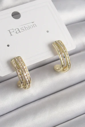 Pirinç Gold Renk Zirkon Taşlı Yarım Halka Model Kadın Küpe 5886
