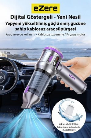 EZERE TurboVac 20000pa Güçlü Dijital Göstergeli Vakumlu Kablosuz Üflemeli Mini Araç Süpürgesi-(5775)