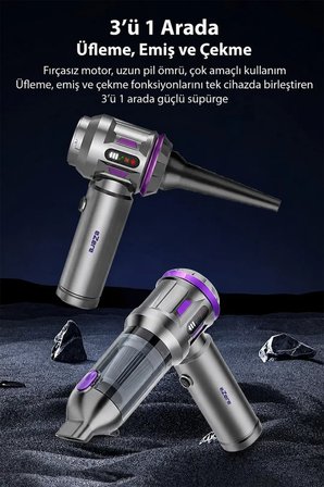 EZERE TurboVac 20000pa Güçlü Dijital Göstergeli Vakumlu Kablosuz Üflemeli Mini Araç Süpürgesi-(5775)