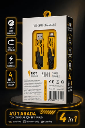 4'ü 1 Arada USB Hızlı Şarj ve Veri Kablosu – 65W Güç Çoklu Bağlantı 1.2m