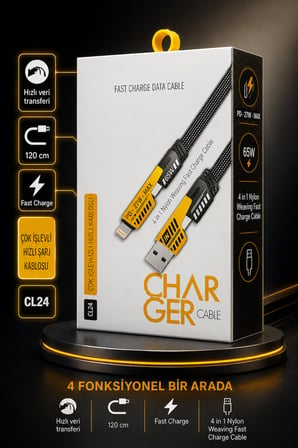 4'ü 1 Arada USB Hızlı Şarj ve Veri Kablosu – 65W Güç Çoklu Bağlantı 1.2m