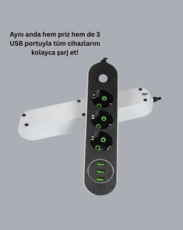 Akım Korumalı Anahtarlı USB Girişli Üçlü Priz