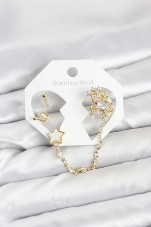Pirinç Gold Renk Yıldız Model Zincir Bağlantılı Ear Cuff Küpe Seti 5886