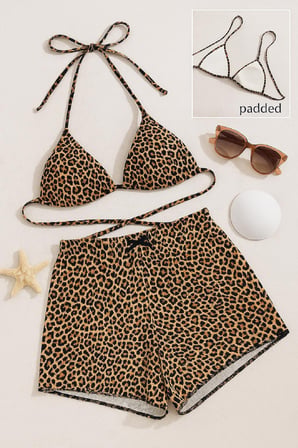 Kadın Leopar Desenli Şortlu Belden ve Boyundan Bağlamalı Bikini Takımı — Beden: S/M