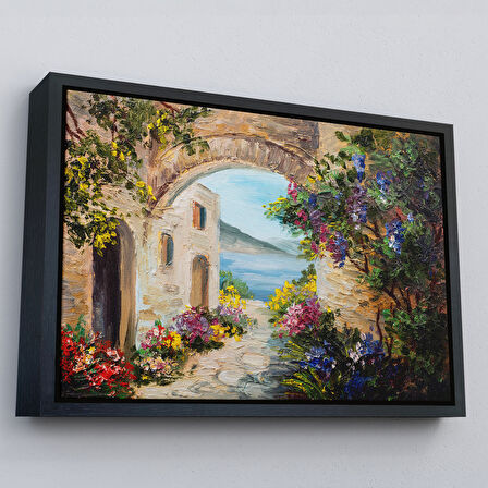 Altın Çerçeveli Deniz Yakınında Ev, Renkli Çiçekler, Deniz Manzaralı Kanvas Duvar Tablosu