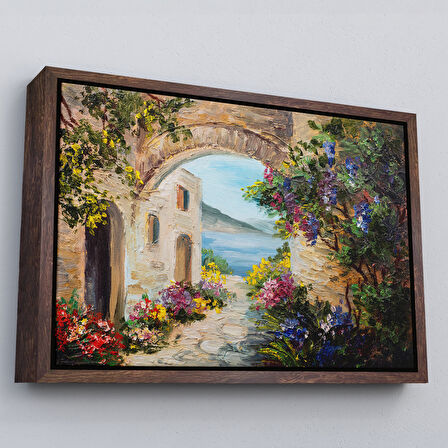 Altın Çerçeveli Deniz Yakınında Ev, Renkli Çiçekler, Deniz Manzaralı Kanvas Duvar Tablosu