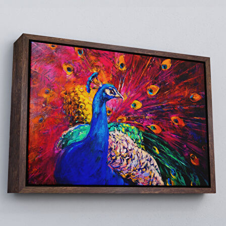 Kahverengi Çerçeveli Çok Renkli Tavus Kuşu Modern Sanat Kanvas Duvar Tablosu
