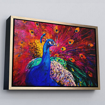 Kahverengi Çerçeveli Çok Renkli Tavus Kuşu Modern Sanat Kanvas Duvar Tablosu