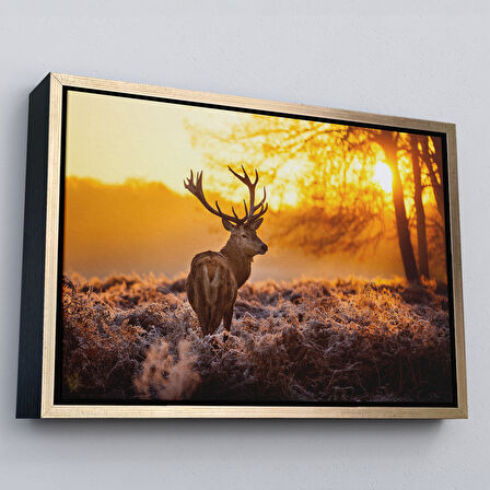 Kahverengi Çerçeveli Geyik Gün Batımı Dekoratif Kanvas Tablo