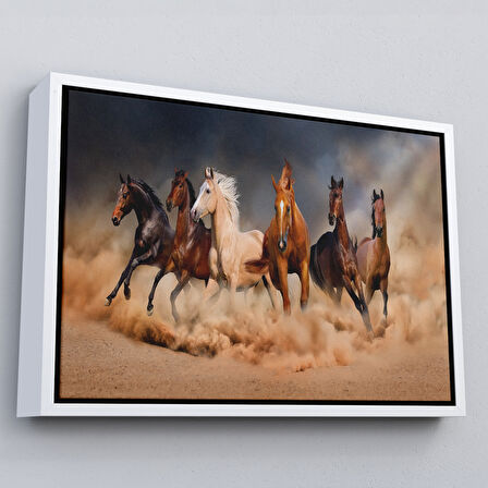 Altın Çerçeveli Koşan Atlar Dekoratif Kanvas Tablo