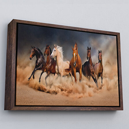 Altın Çerçeveli Koşan Atlar Dekoratif Kanvas Tablo