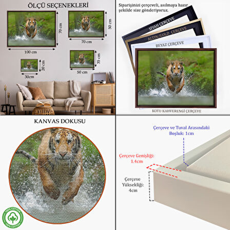 Altın Çerçeveli Koşan Kaplan Dekoratif Kanvas Tablo