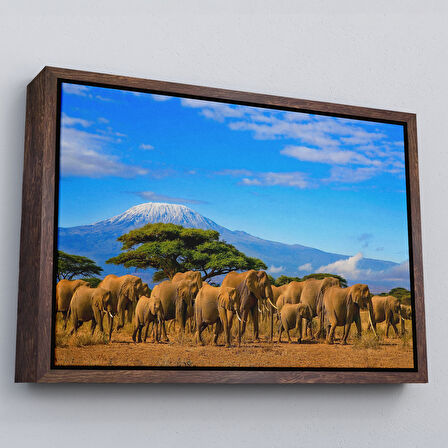 Altın Çerçeveli Fil Sürüsü Dekoratif Kanvas Tablo