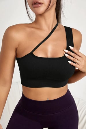 Kadın Siyah Tek Omuzlu Çapraz Askılı Crop Top Büstiyer — Beden: S/M