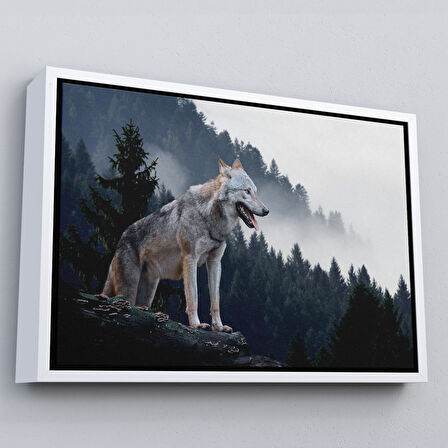 Beyaz Çerçeveli Bozkurt Dekoratif Kanvas Tablo