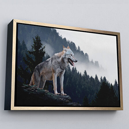 Beyaz Çerçeveli Bozkurt Dekoratif Kanvas Tablo