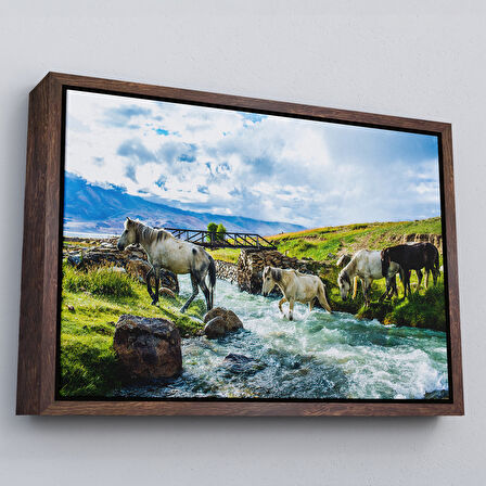 Altın Çerçeveli Dereden Geçen Atlar Manzaralı Dekoratif Kanvas Tablo