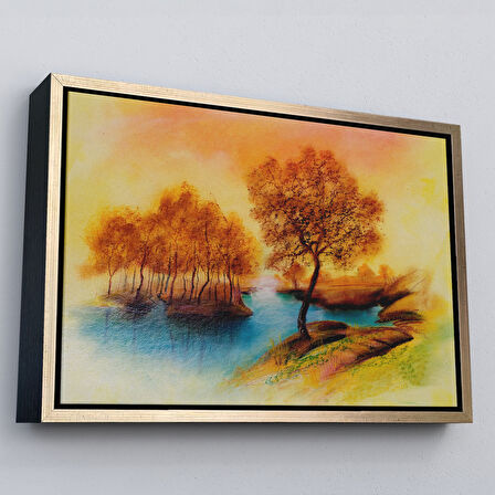 Altın Çerçeveli Yaz Mevsimi Manzaralı Kanvas Duvar Tablosu