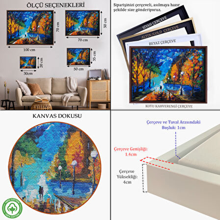 Kahverengi Çerçeveli Gece Sokakta Yürüyen Sevgililer, Kanvas Duvar Tablosu