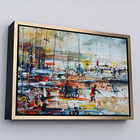 Altın Çerçeveli Limandaki Tekneler Kanvas Duvar Tablosu