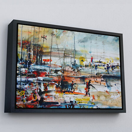 Altın Çerçeveli Limandaki Tekneler Kanvas Duvar Tablosu