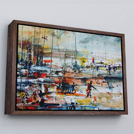 Altın Çerçeveli Limandaki Tekneler Kanvas Duvar Tablosu