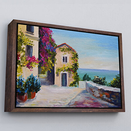 Kahverengi Çerçeveli Santorinide Deniz Manzaralı Ev Kanvas Duvar Tablosu